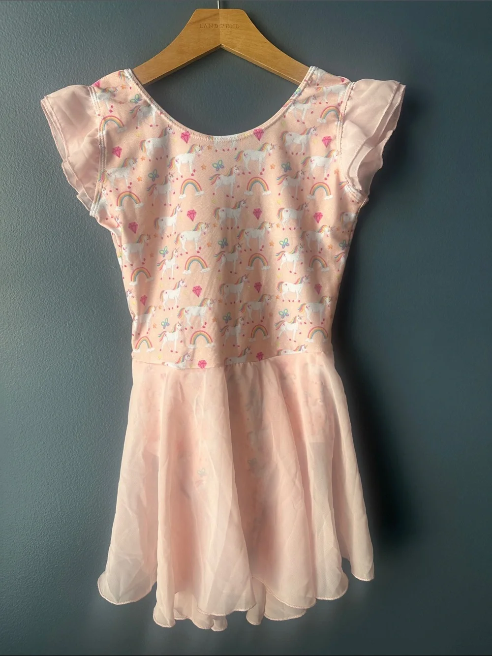 DIPUG Girls Leotard with Skirt Pink Unicorn Rainbows Ages 10-12 like new